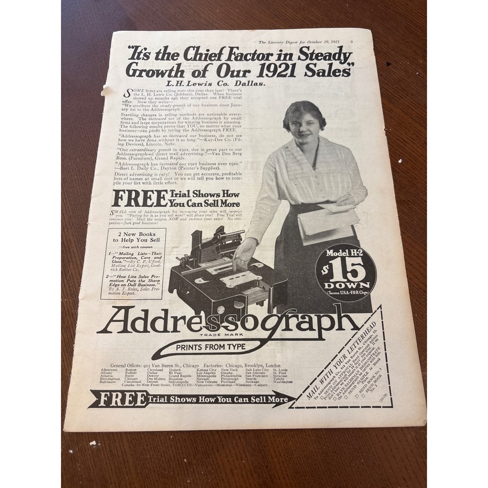 1921 Addressograph Model H-2 Ad Literary Digest Business History Office Decor